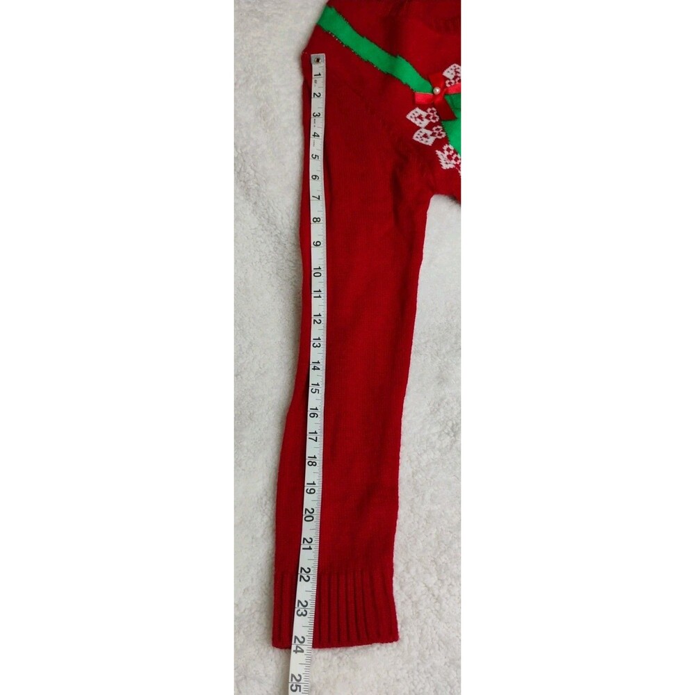 Poof Mrs. Claus V-Neck Intarsia Knit Ugly Christmas Sweater Red/Green M - Picture 4 of 8